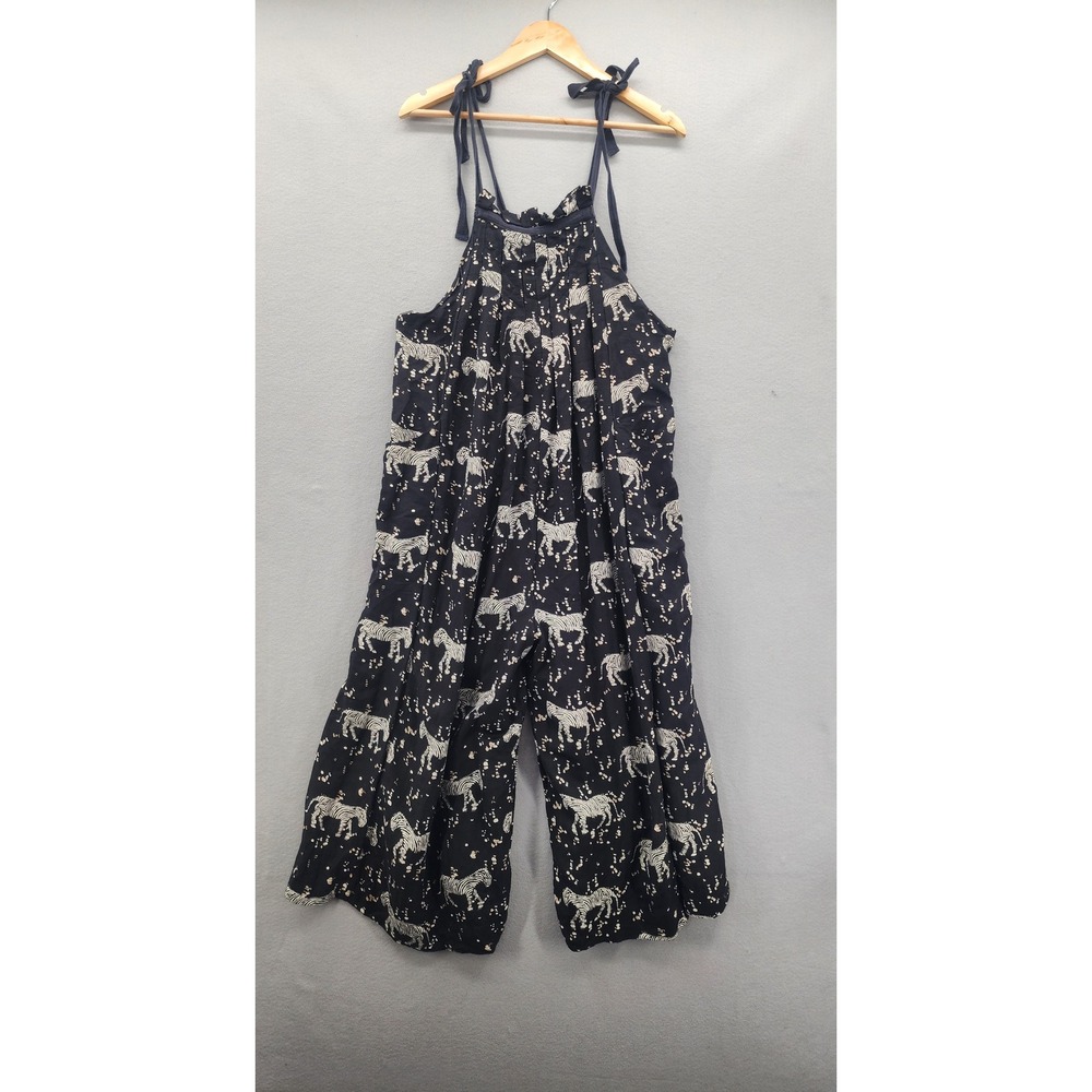 Free People Zebra Print Wide Leg Jumpsuit XS/S Black White Tie Strap Boho Romper